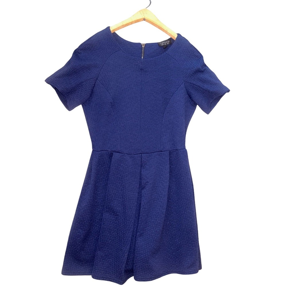 Topshop‎ Royal Blue Textured Fit and Flare Mini Dress Short Sleeve Size US 2